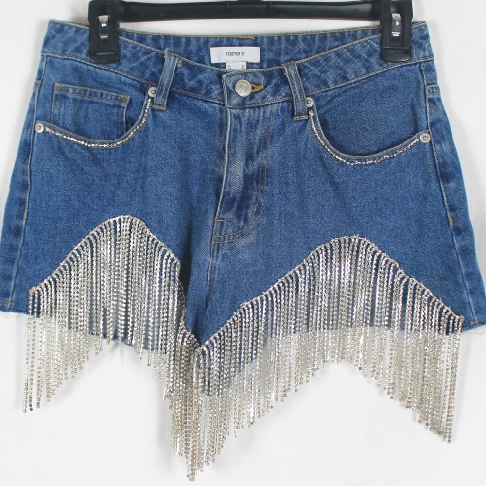 Forever 21 Denim Jean Shorts Rhinestone Fringe Woman Size 27 Cut Off Short Blue